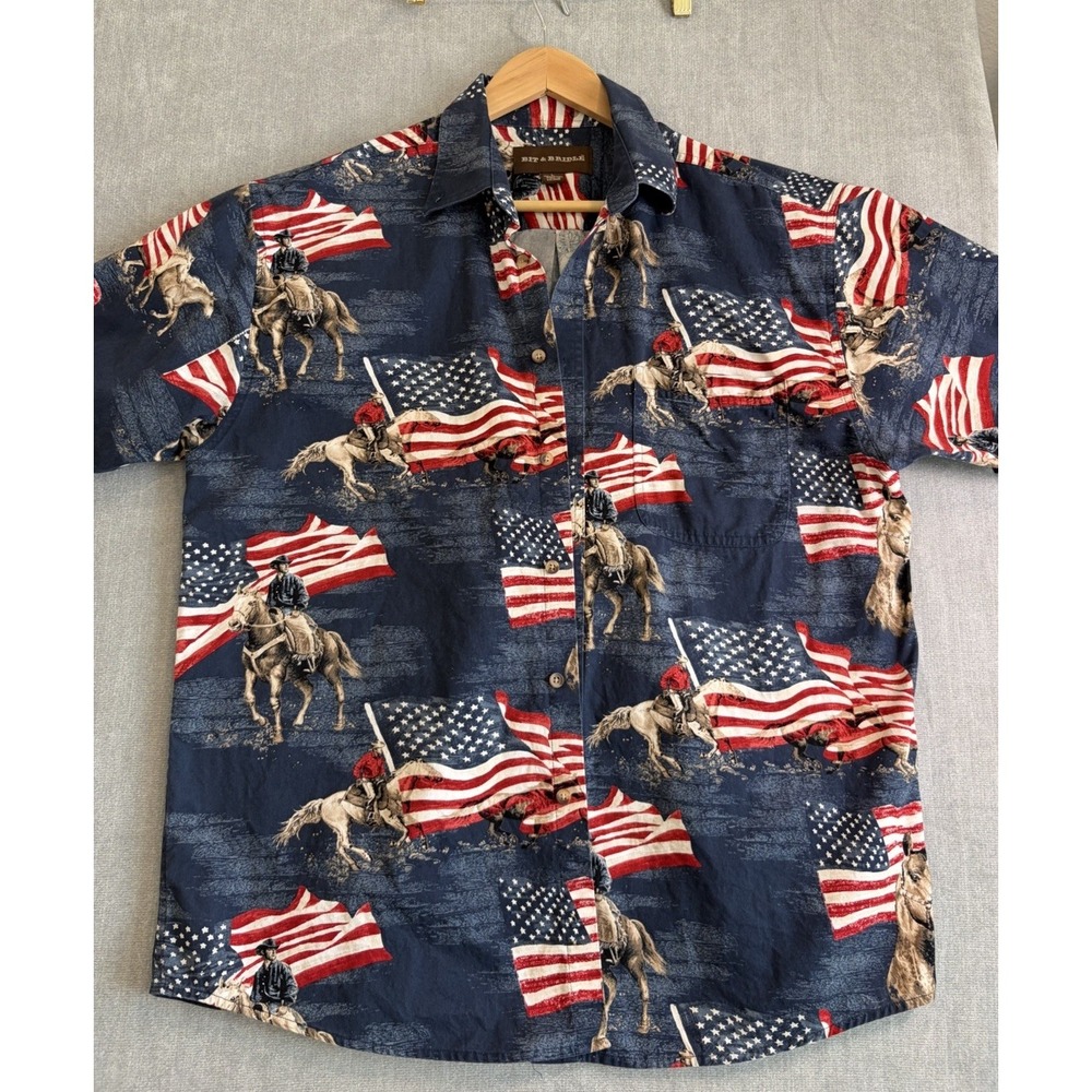 Bit & Bridle Shirt Mens Lg American Flag USA Patriotic NWOT Cowboy Horses